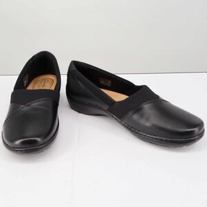 Clarks Cora Charm Black Leather Slip On Flats Wide Comfort Work Shoes 7.5 W Wide